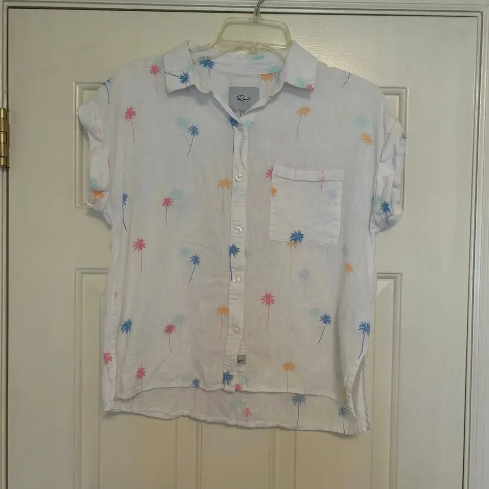 Rails Linen blend short sleeve top White with neon  palm tree pattern. Women S